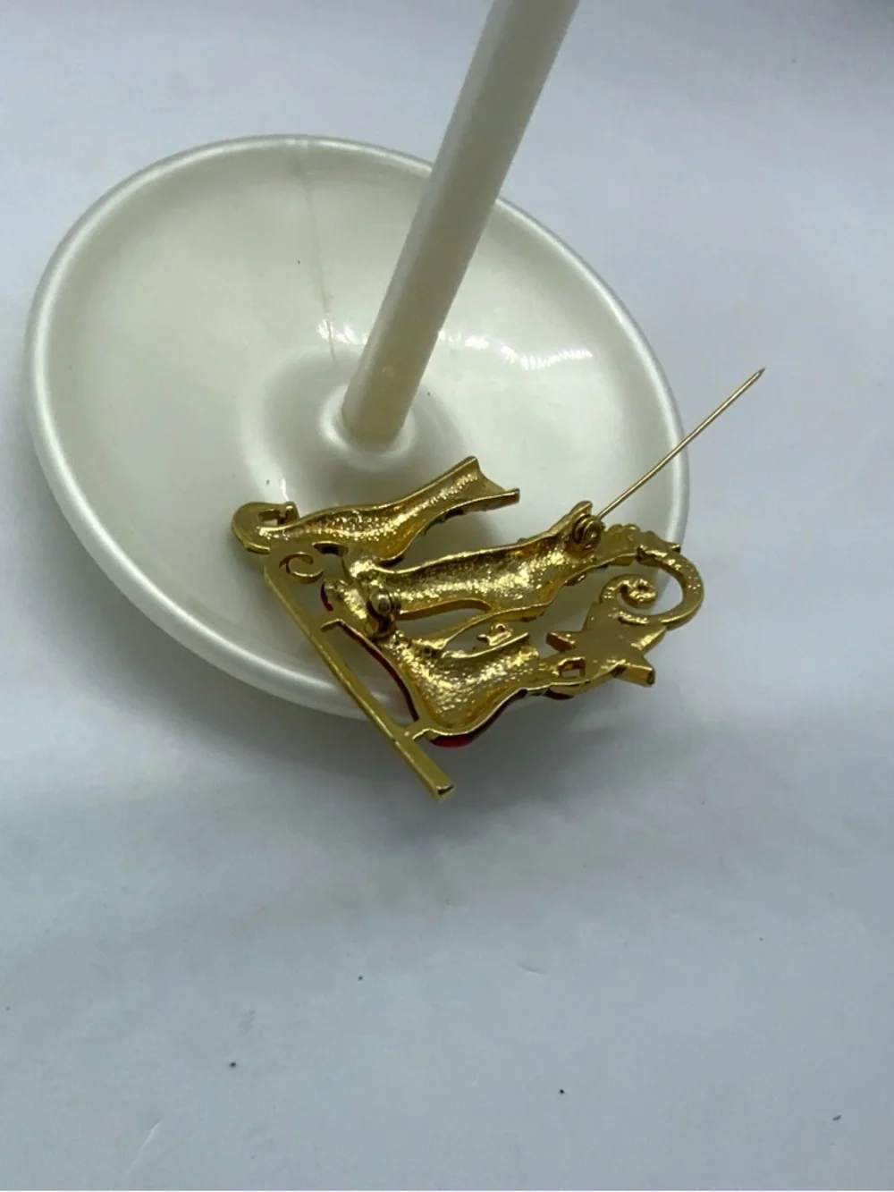 Gold Tone Festive Cat Brooch with Red and Green Enamel